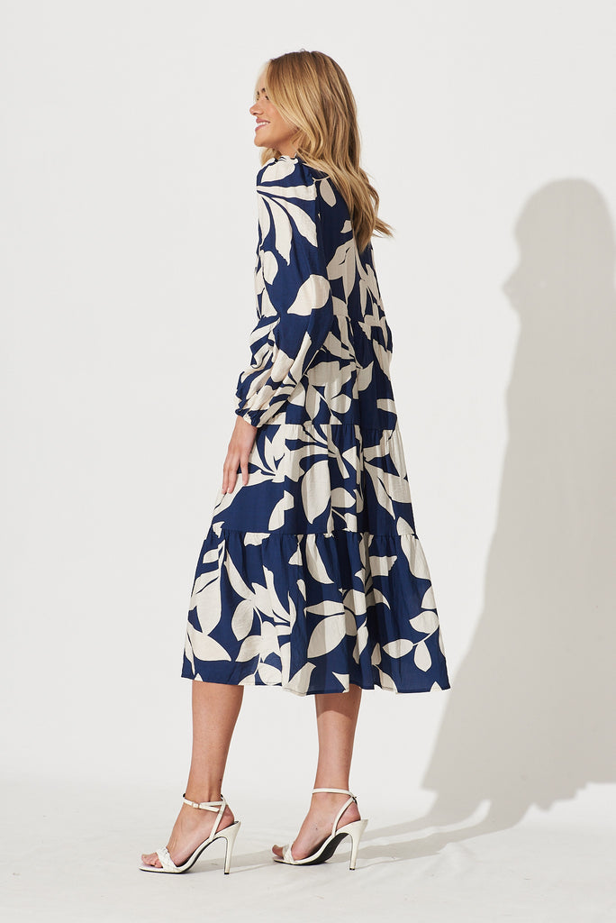 Bienne Midi Shirt Dress In Navy With Cream Leaf Print Cotton Blend - side