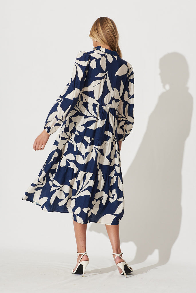 Bienne Midi Shirt Dress In Navy With Cream Leaf Print Cotton Blend - back