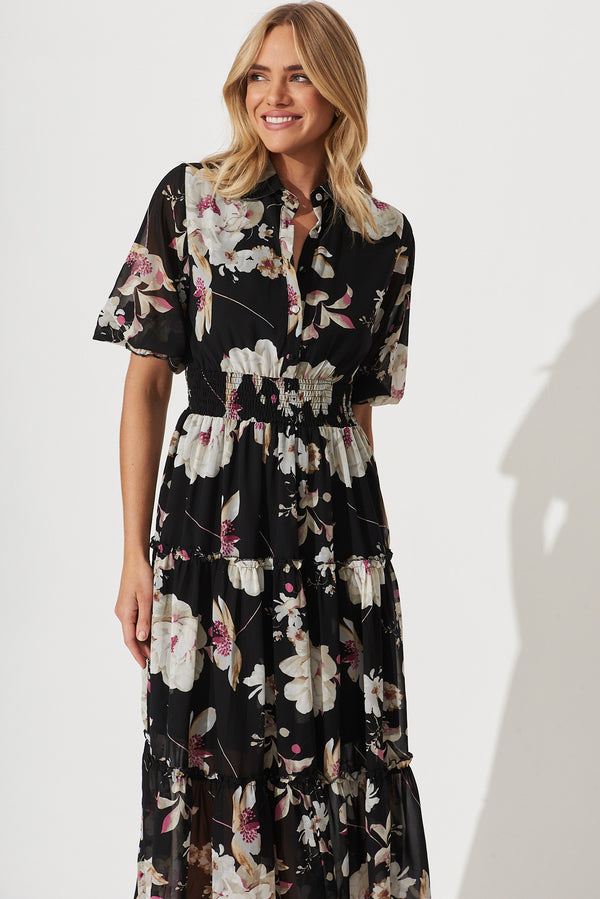 Brittney Midi Dress In Black Floral Chiffon – St Frock