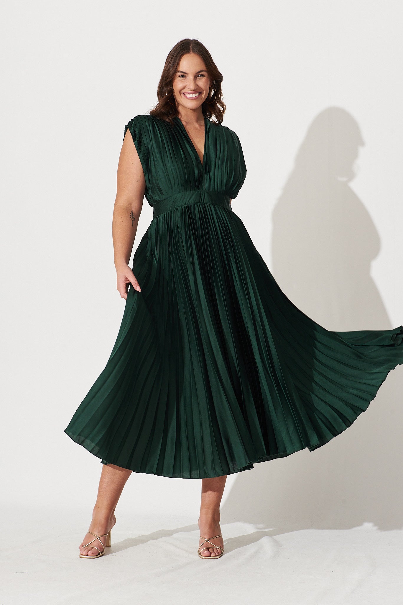 Anetta Midi Dress In Pleated Emerald Satin St Frock