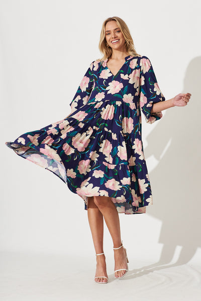 Kehlana Tiered Midi Dress In Navy With Blush Floral – St Frock