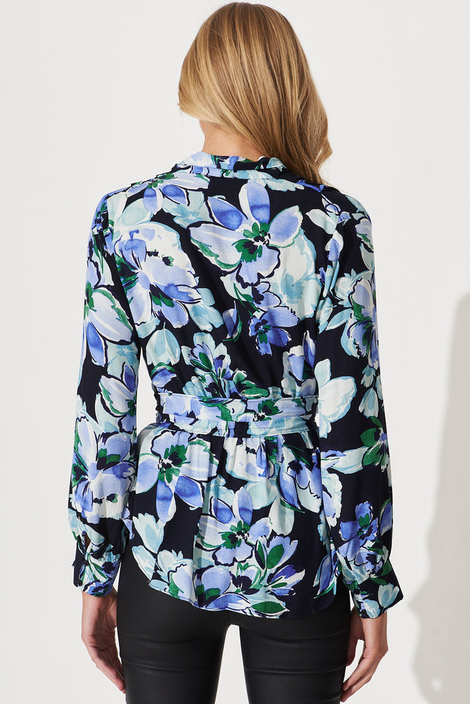 Wanda Wrap Top In Black With Blue Floral Print - back