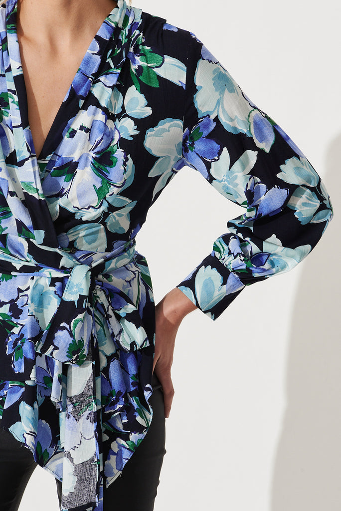 Wanda Wrap Top In Black With Blue Floral Print - detail