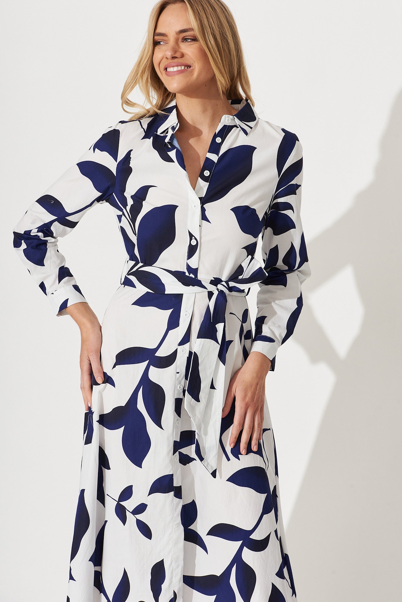 Bahamas Midi Shirt Dress In White With Blue Floral Print Cotton – St Frock