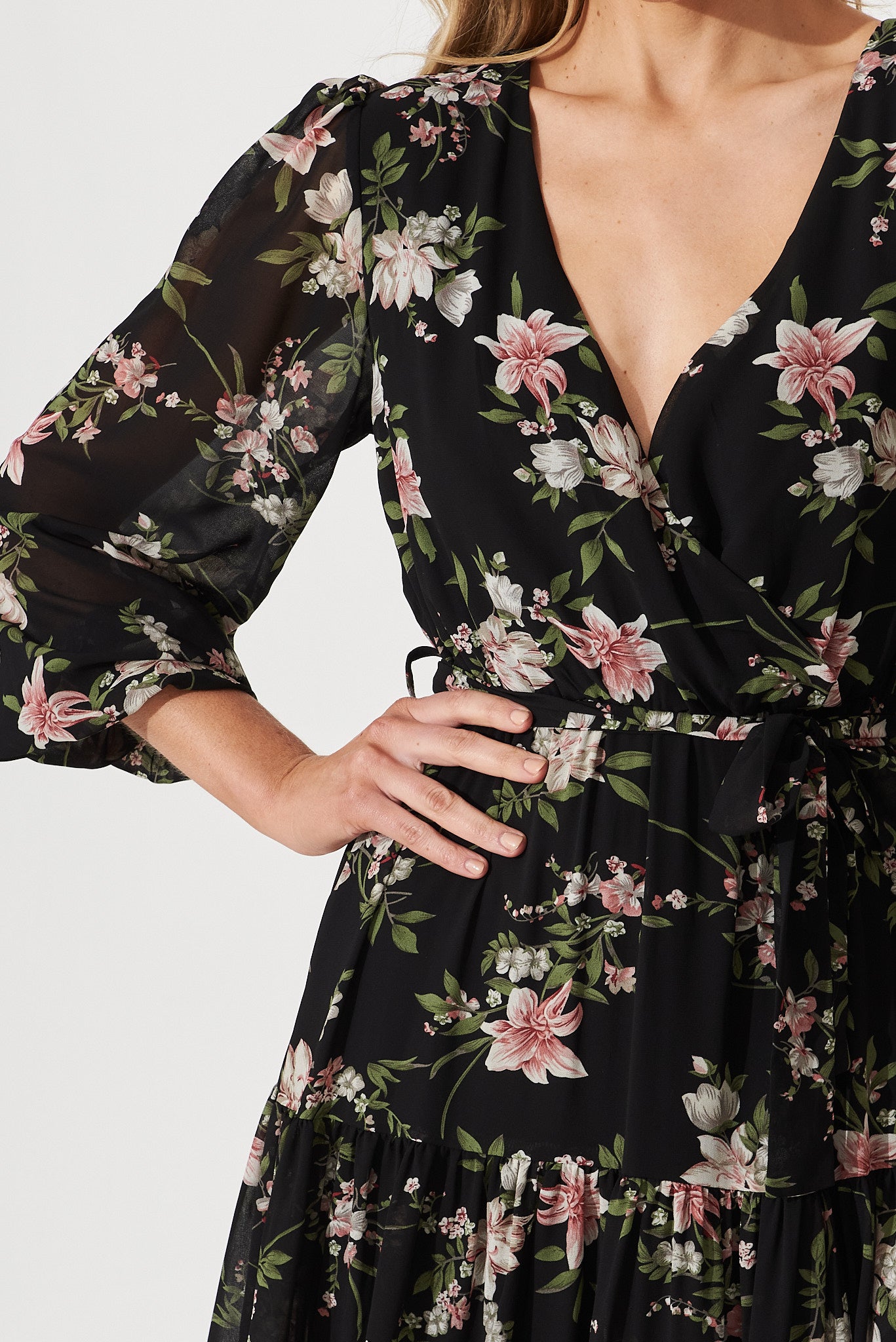 Alexis Maxi Dress In Black With Pink Floral Chiffon – St Frock