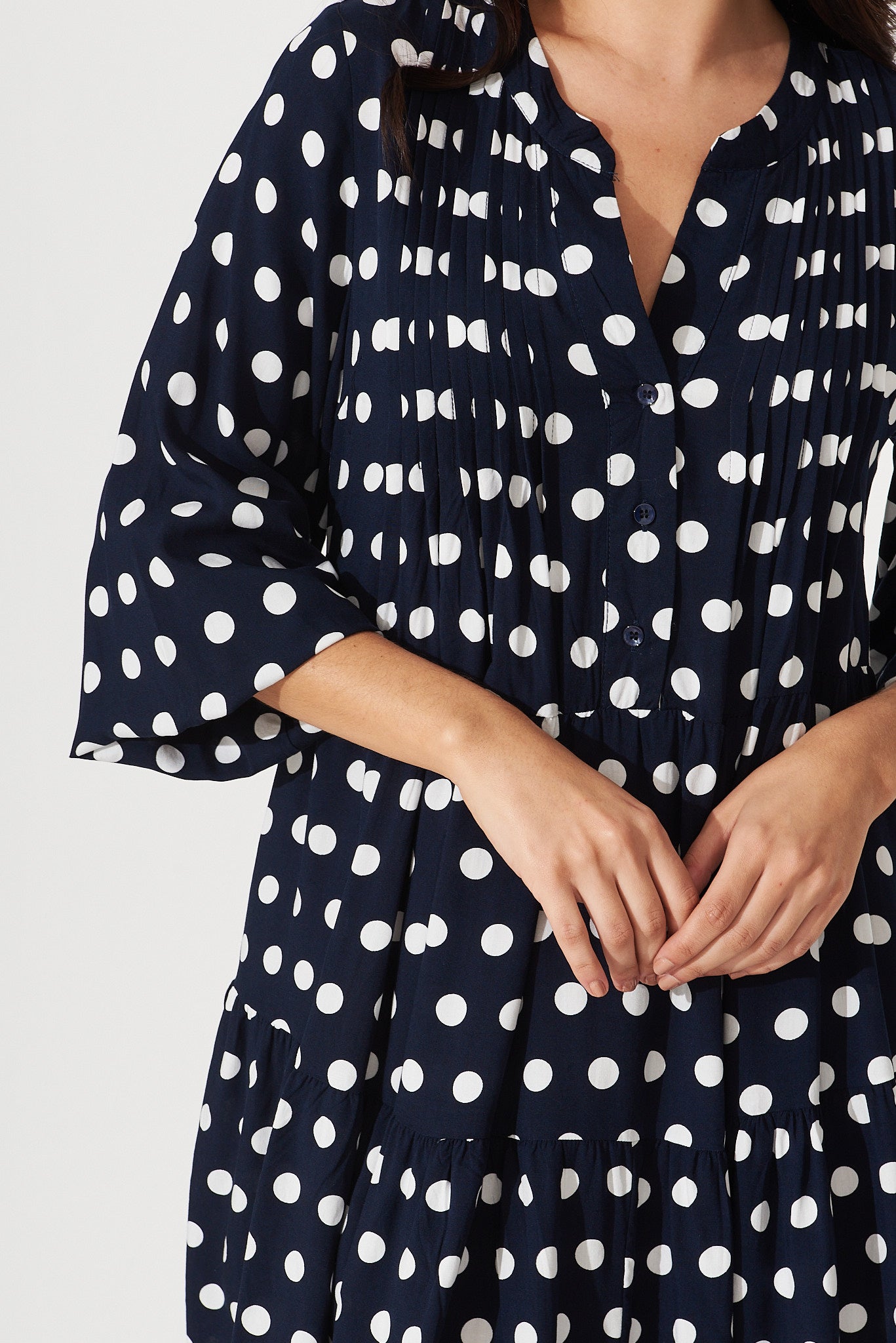 Joanne Smock Dress In Navy With White Polka Dot St Frock