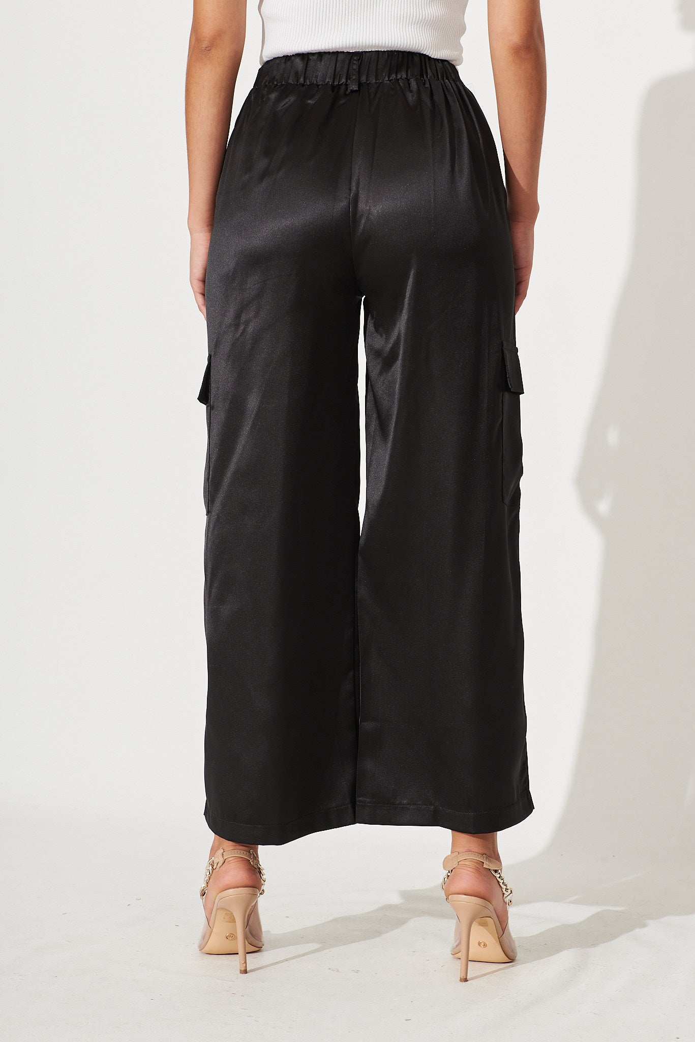 Black Satin Cargo Trousers  New Look