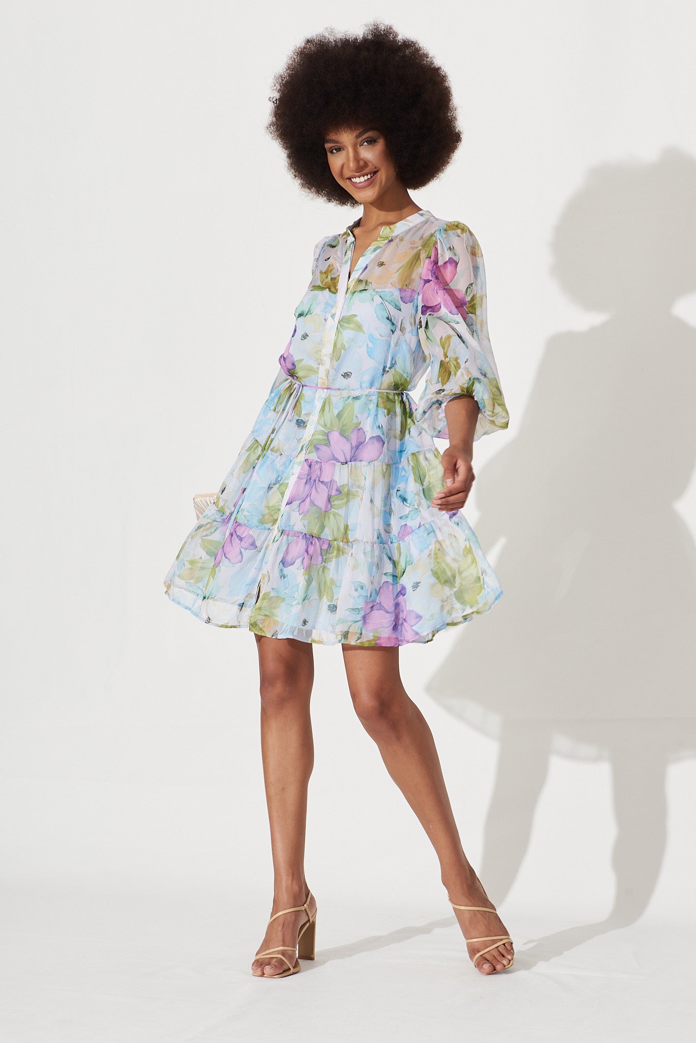 Harmonia Shirt Dress In Blue With Lilac Floral Print Chiffon - full length