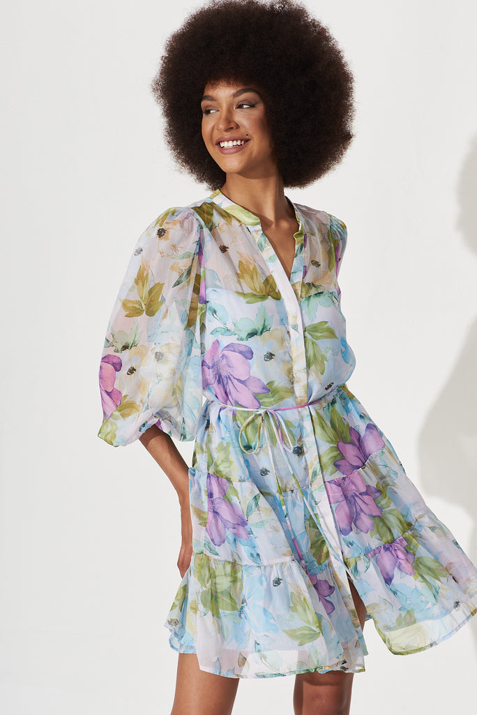 Harmonia Shirt Dress In Blue With Lilac Floral Print Chiffon - front