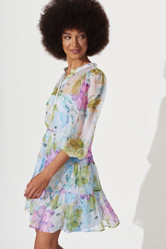 Harmonia Shirt Dress In Blue With Lilac Floral Print Chiffon - side