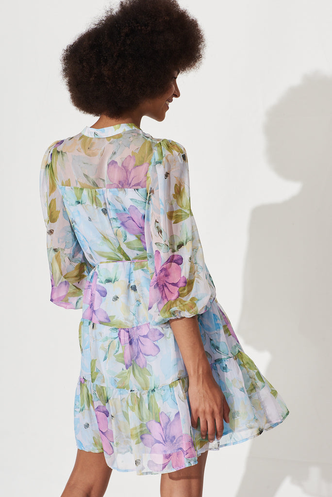 Harmonia Shirt Dress In Blue With Lilac Floral Print Chiffon - back