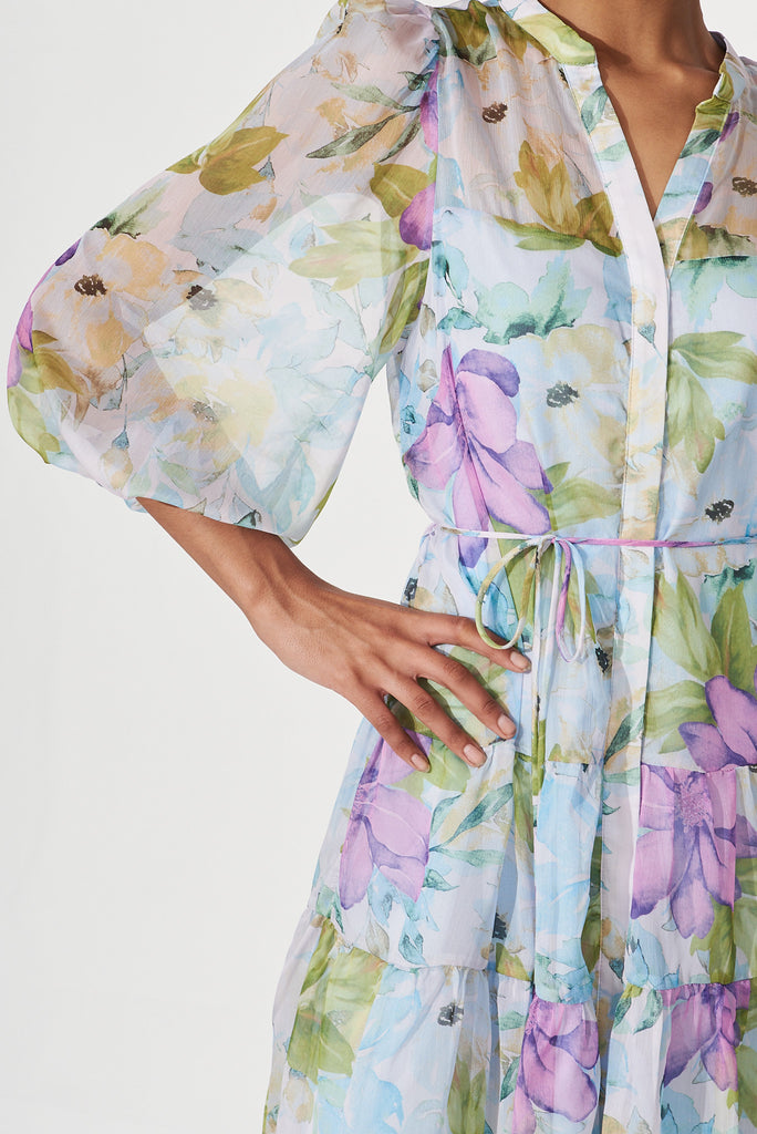 Harmonia Shirt Dress In Blue With Lilac Floral Print Chiffon - detail