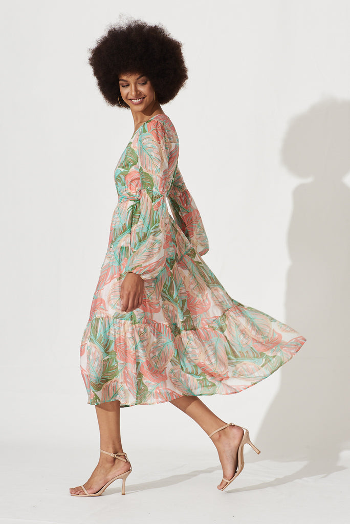 Aphrodite Midi Dress In Green With Pink Tropical Print Cotton Blend - side