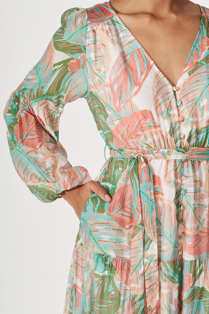 Aphrodite Midi Dress In Green With Pink Tropical Print Cotton Blend - detail