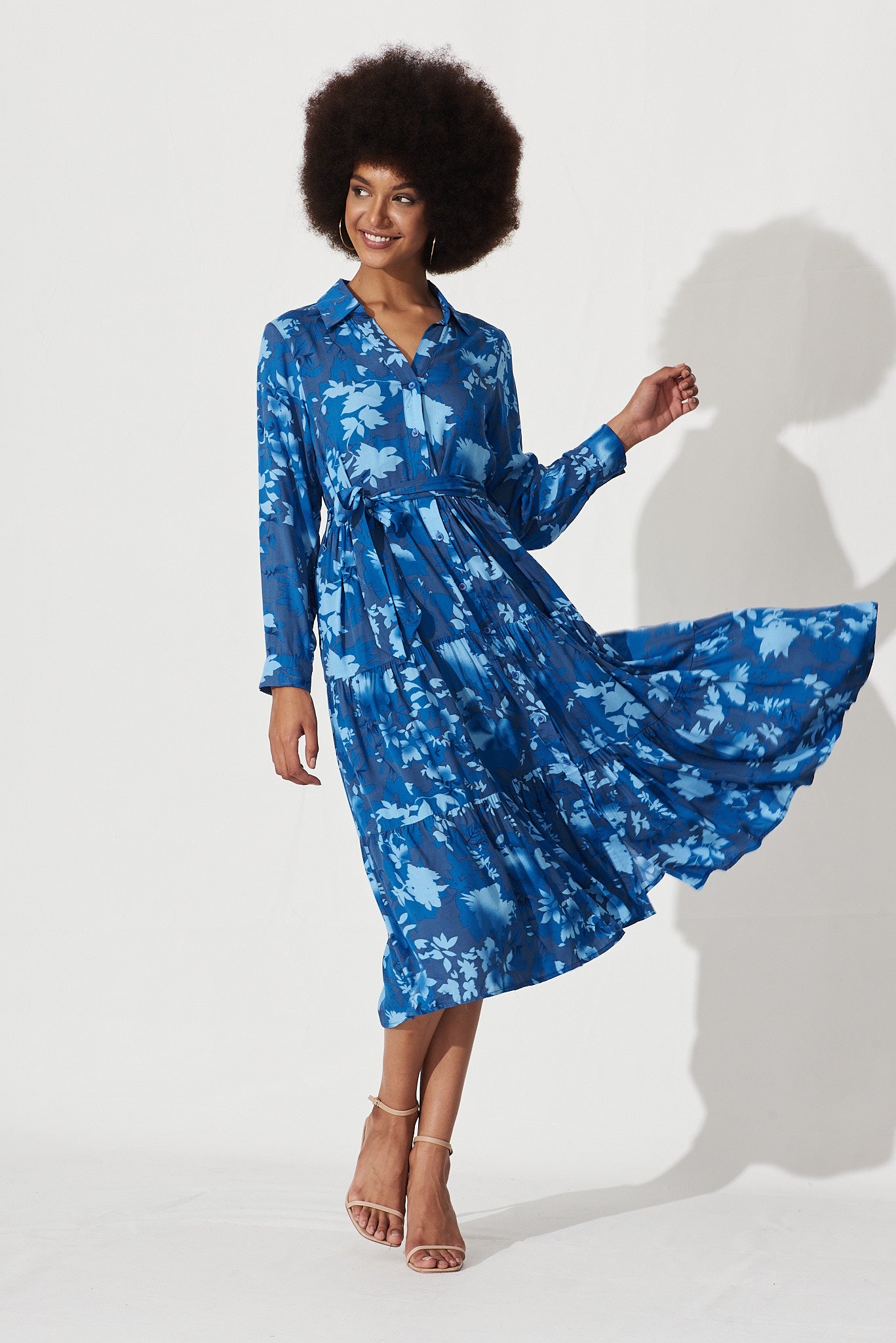 Laylani Midi Shirt Dress In Blue Floral - full length