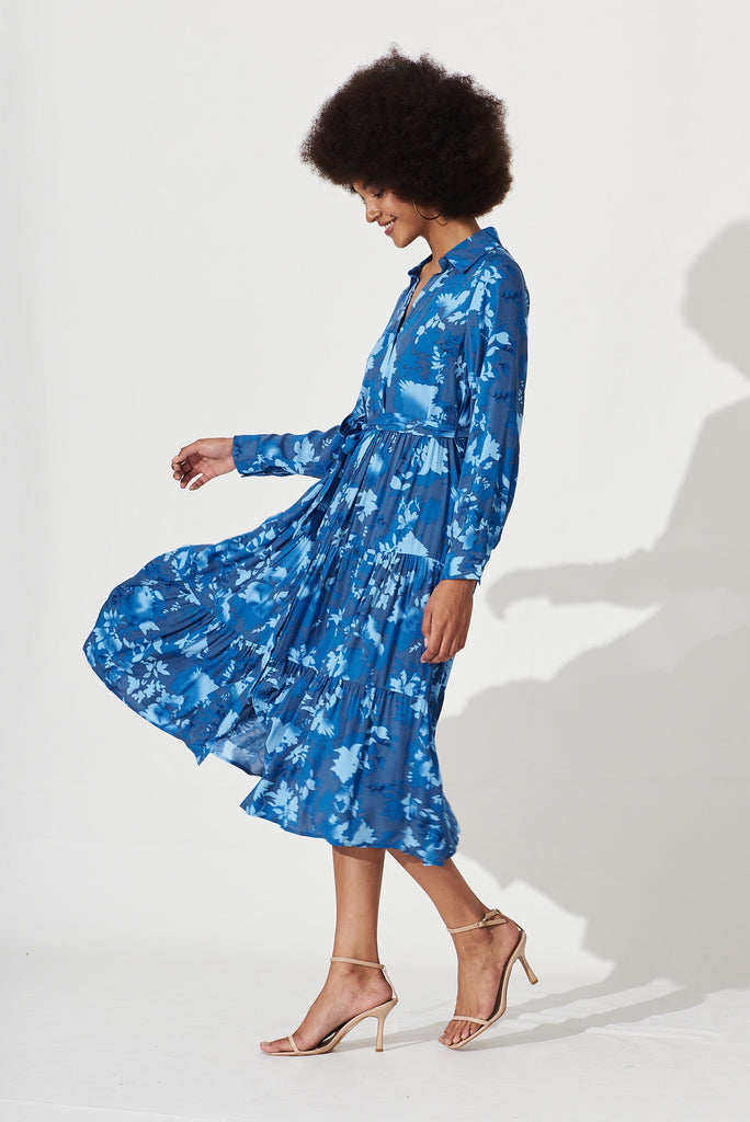 Laylani Midi Shirt Dress In Blue Floral - side