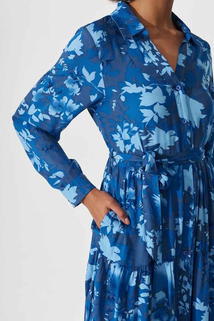 Laylani Midi Shirt Dress In Blue Floral - detail