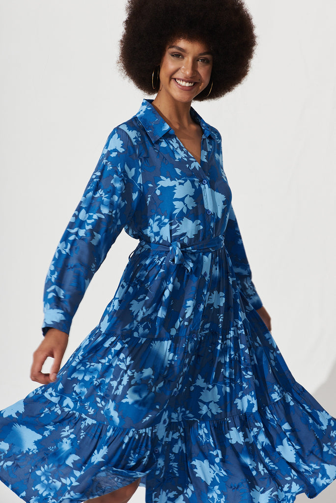 Laylani Midi Shirt Dress In Blue Floral - front