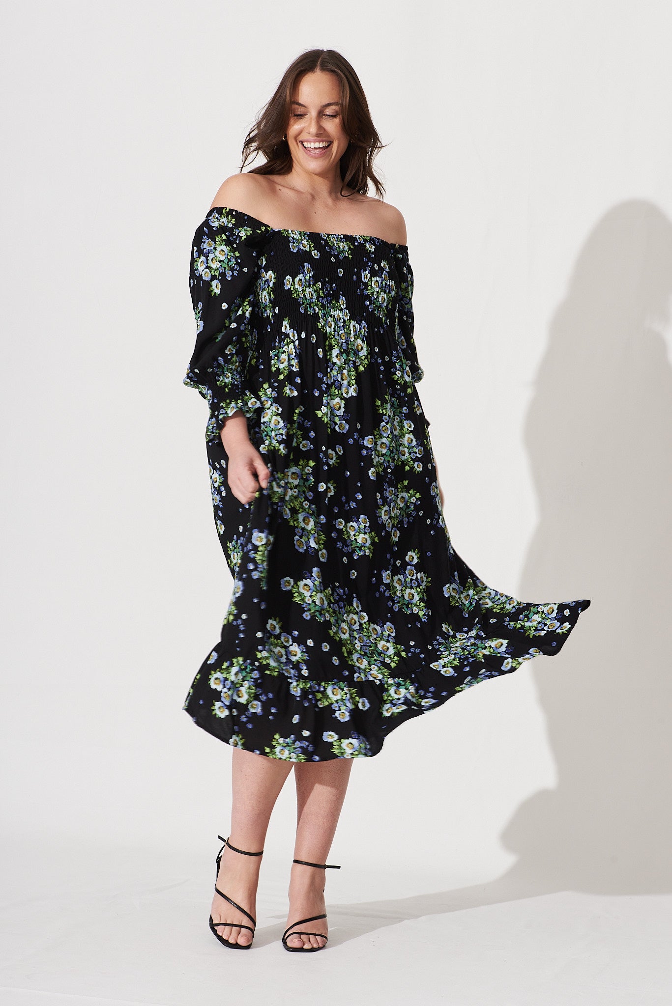 Amiee Midi Dress In Black With Blue Floral – St Frock