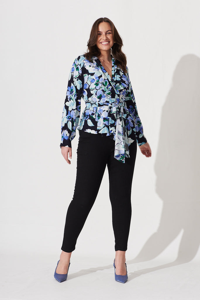 Wanda Wrap Top In Black With Multi Blue Floral Print - full length