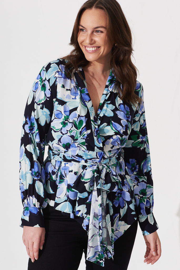 Wanda Wrap Top In Black With Multi Blue Floral Print - front