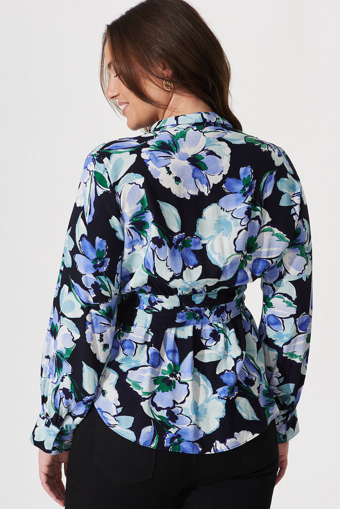 Wanda Wrap Top In Black With Multi Blue Floral Print - back