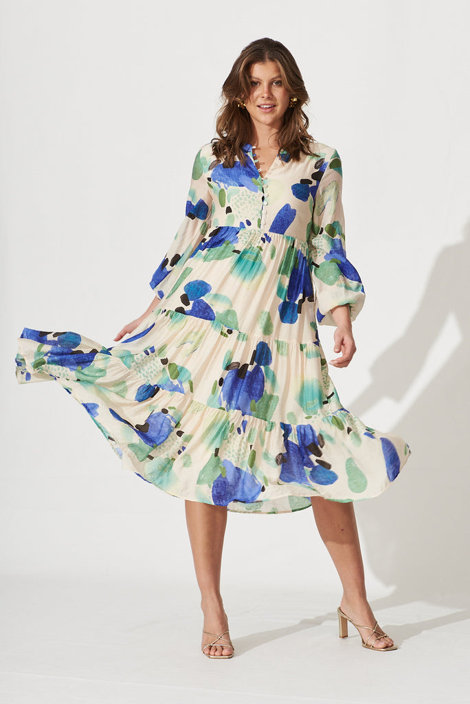 Maribel Midi Dress In Blue With Green Water Colour Print Cotton Blend - full length