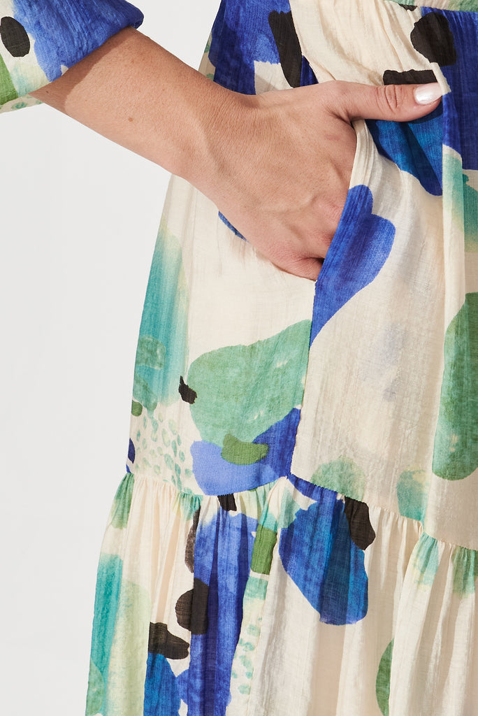 Maribel Midi Dress In Blue With Green Water Colour Print Cotton Blend - detail
