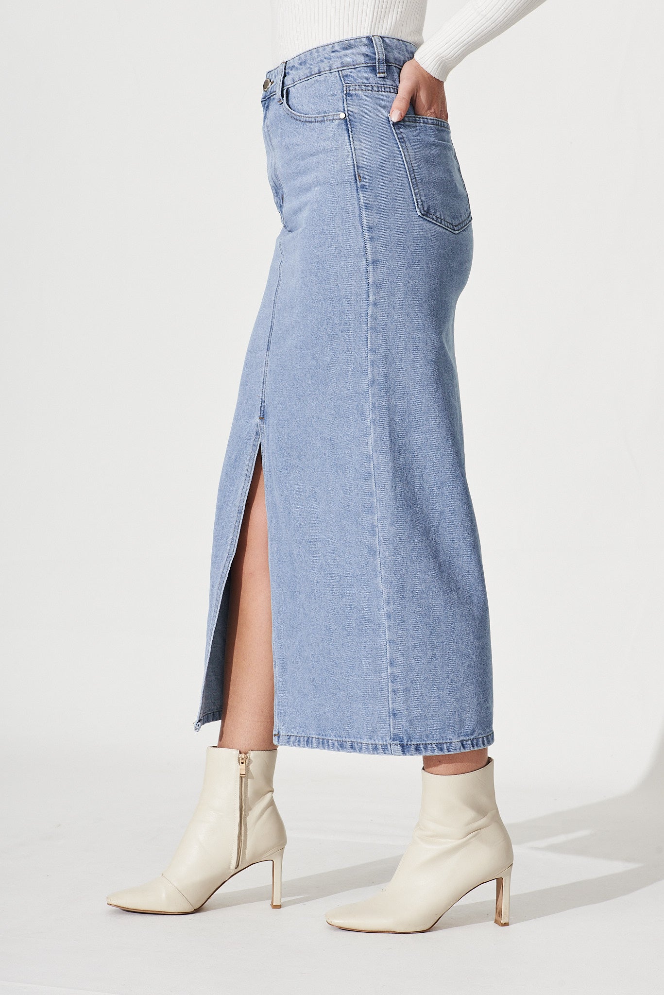 Lattice Maxi Denim Skirt In Light Blue Wash – St Frock