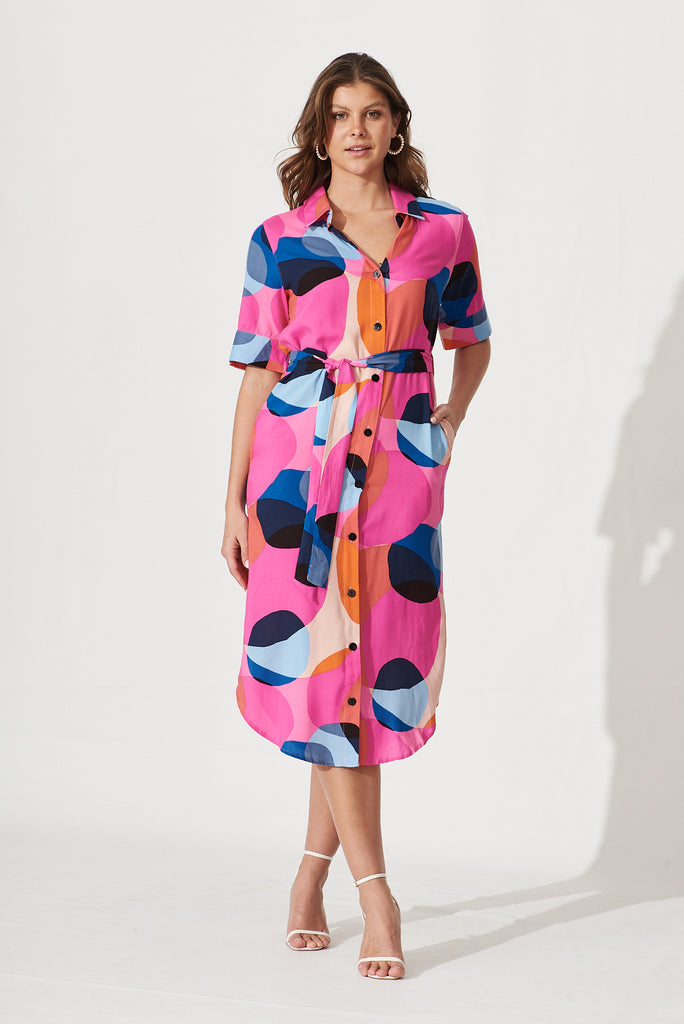 Megara Midi Shirt Dress In Candy Pink With Blue Spot - full length