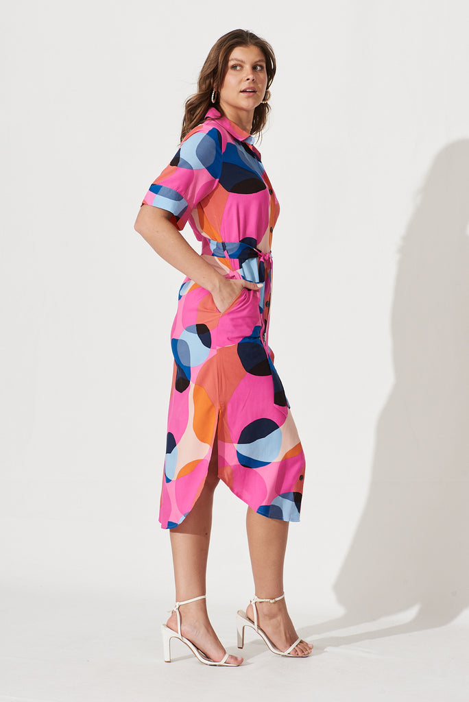 Megara Midi Shirt Dress In Candy Pink With Blue Spot - side