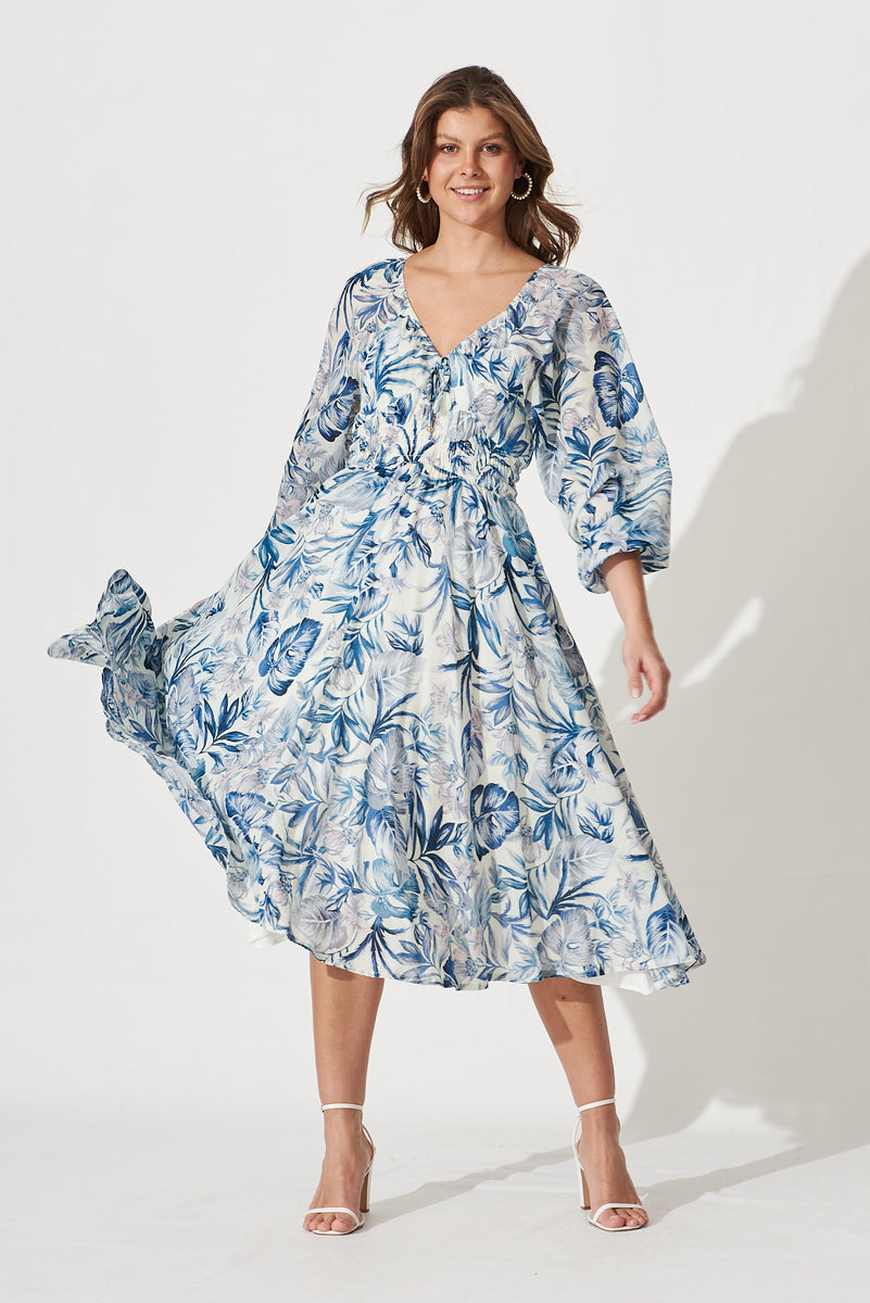 Darling Point Dress In White With Blue Floral Print Cotton – St Frock