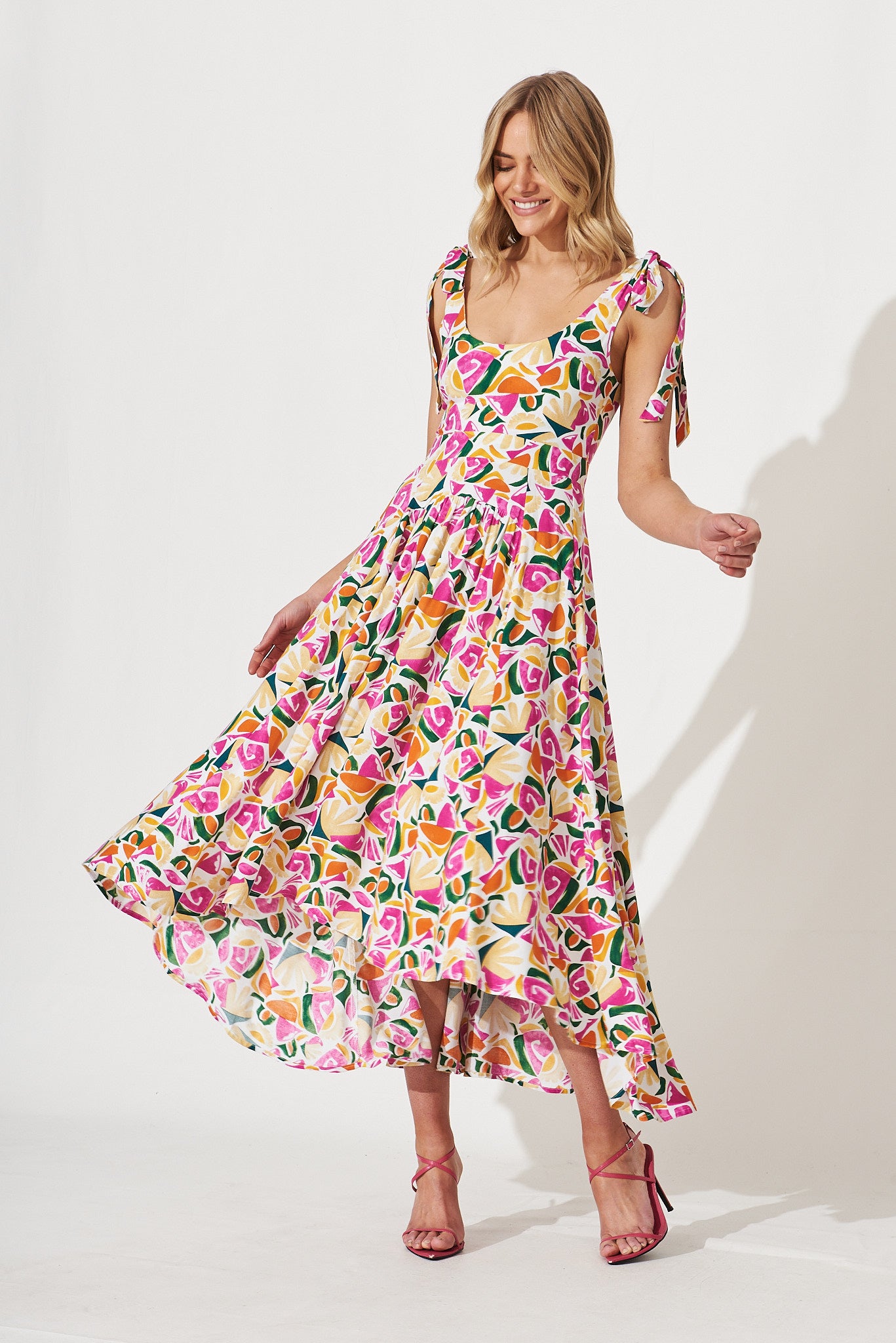 Kim Maxi Dress In White With Pink Multi Print – St Frock