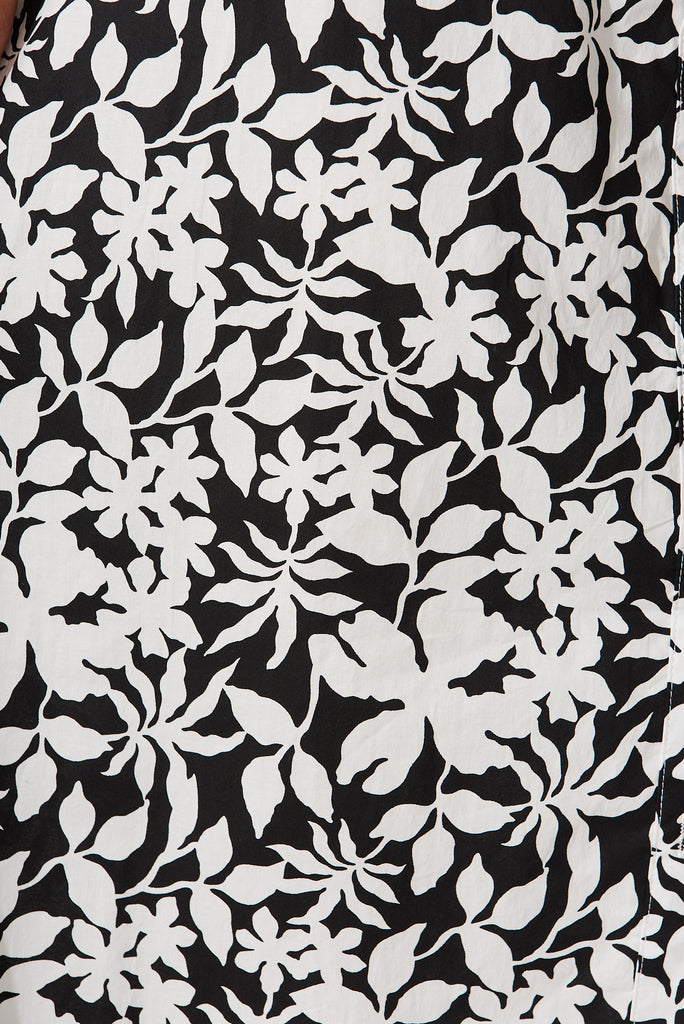 Davina Midi Shirt Dress In Black With White Floral Print Cotton - fabric
