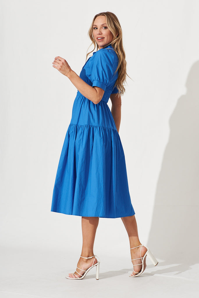 Fairfax Midi Shirt Dress In Cornflower Blue Cotton - side