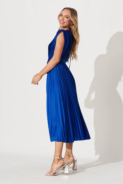 Anetta Midi Dress In Pleated Cobalt Satin – St Frock