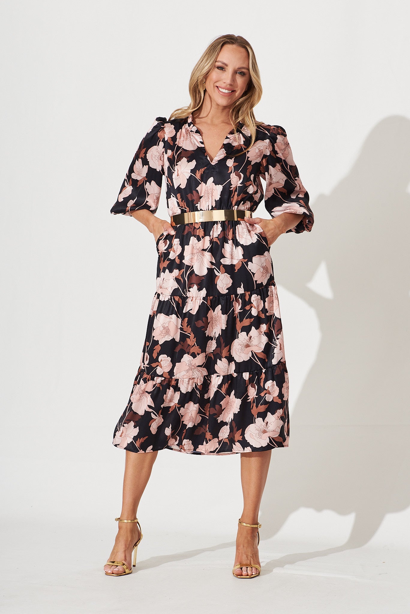 Marisol Midi Dress In Black With Brown Floral Satin – St Frock