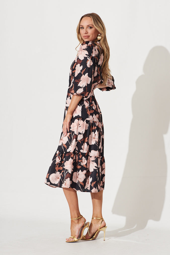 Marisol Midi Dress In Black With Brown Floral Satin - side