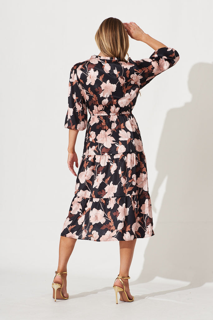 Marisol Midi Dress In Black With Brown Floral Satin - back