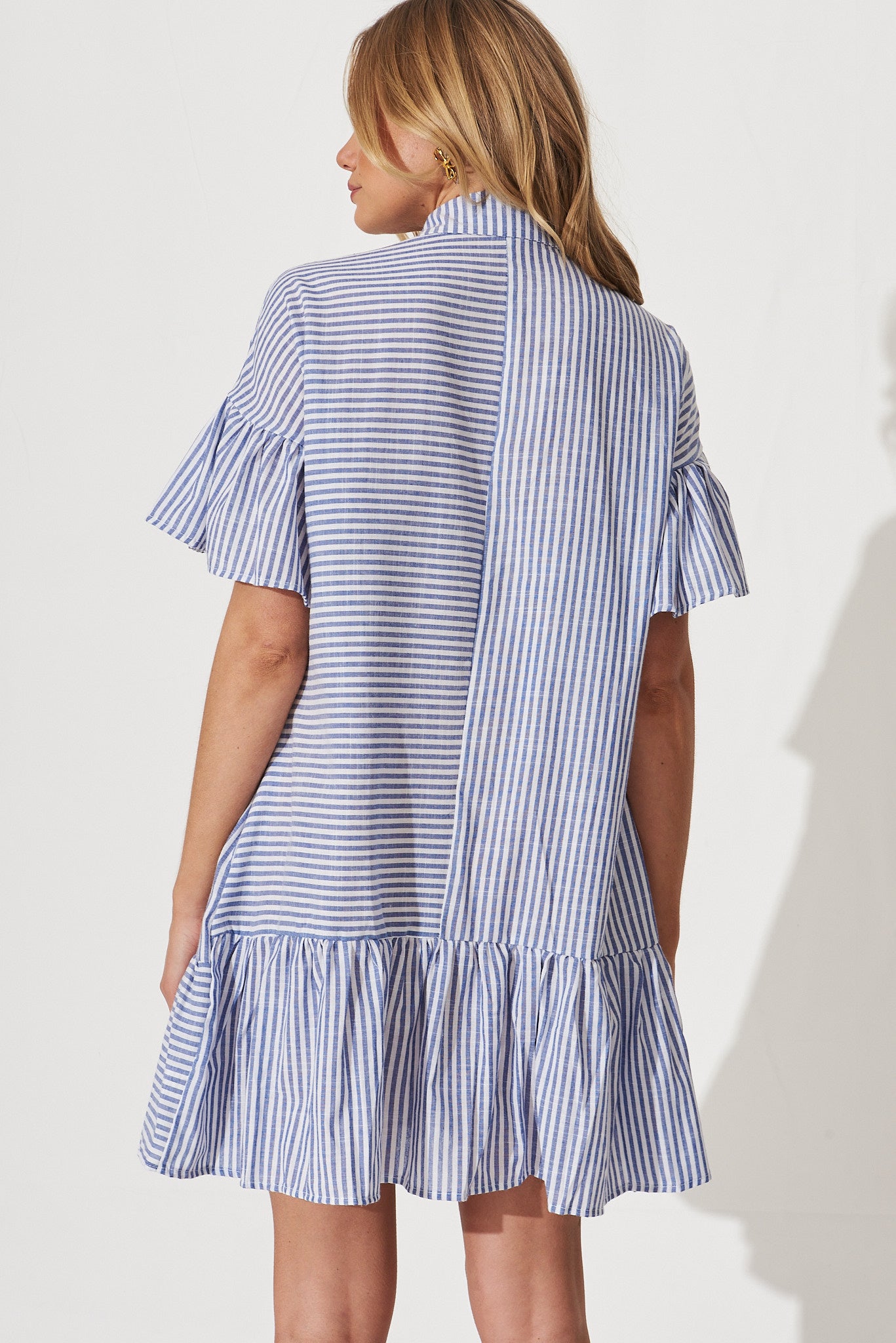 Freya Maternity Tiered Cotton Shirt Dress In Blue Stripe