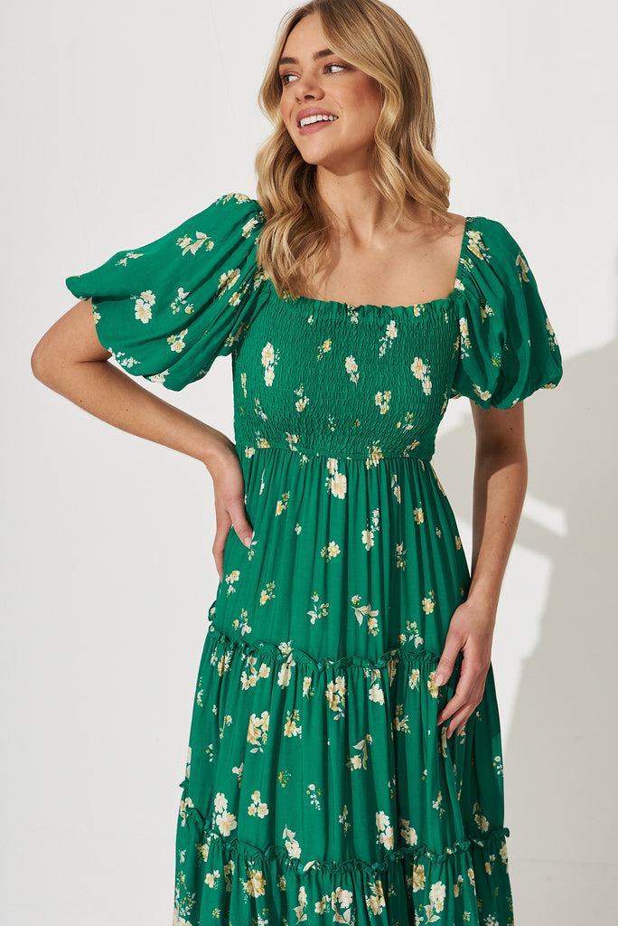 Jamelia Midi Dress In Green With Lemon Floral Print - front