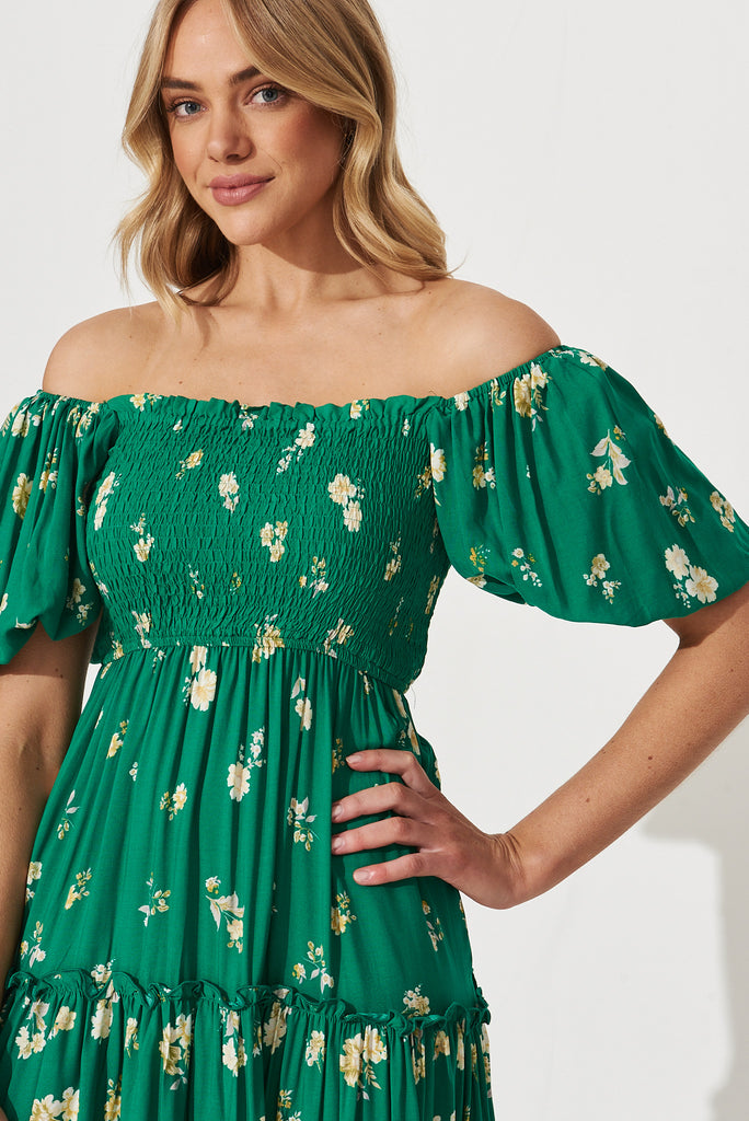 Jamelia Midi Dress In Green With Lemon Floral Print - detail
