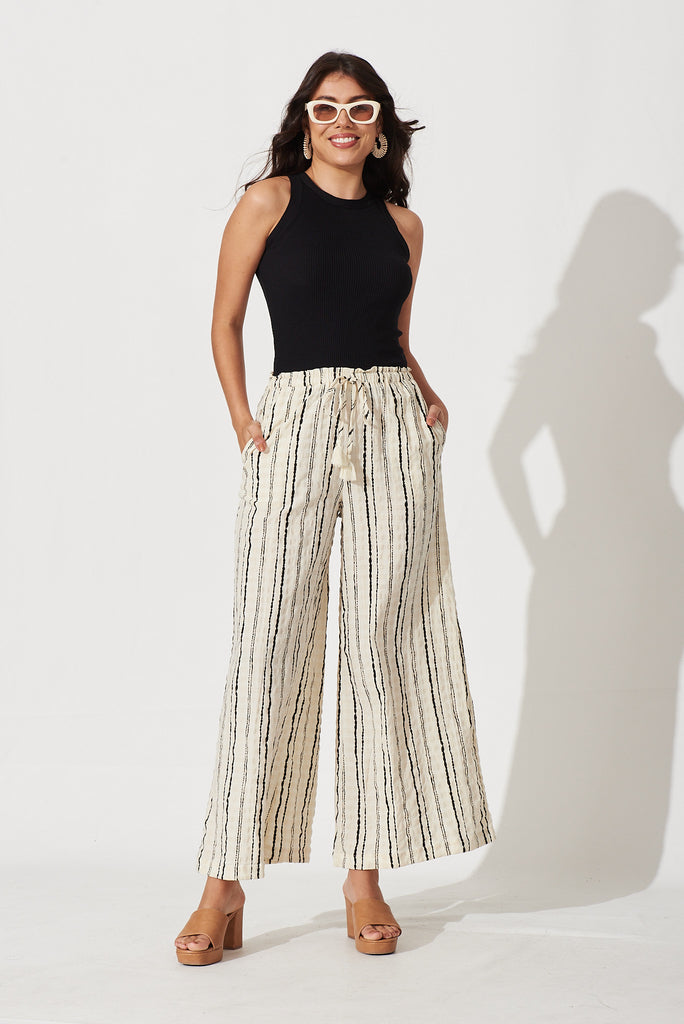 Blueys Pant In Beige With Black Stripe Cotton - full length