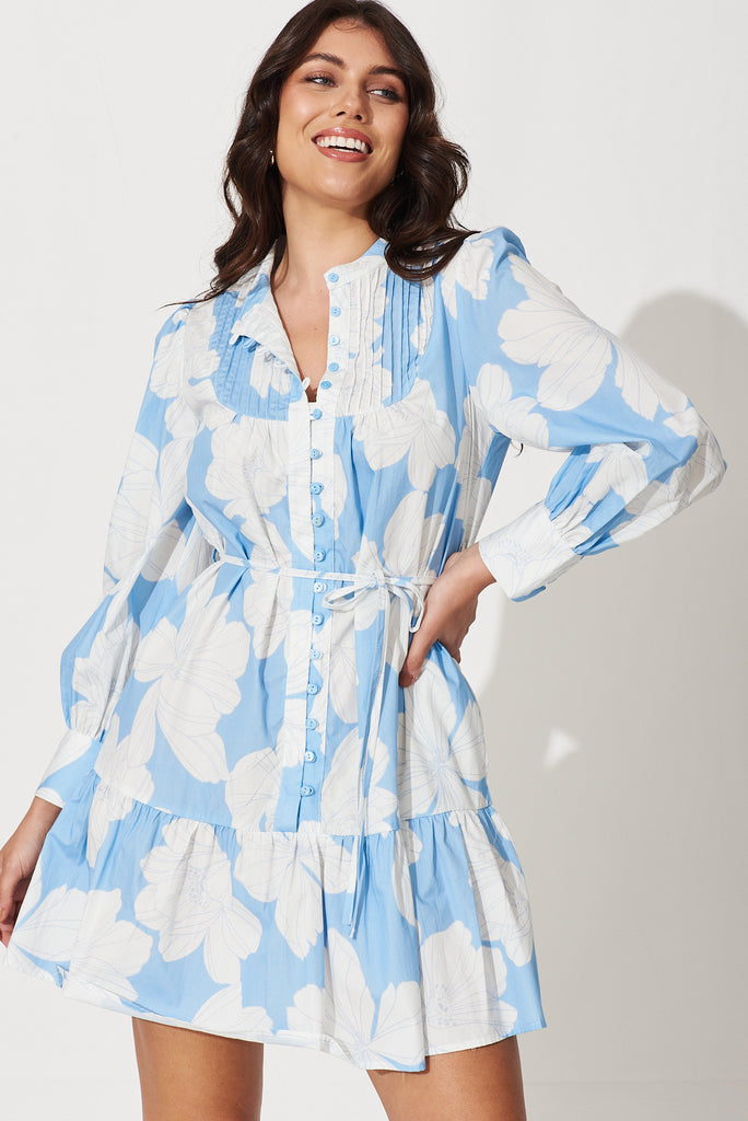 Gal Dress In Pale Blue With White Floral Print Cotton - front