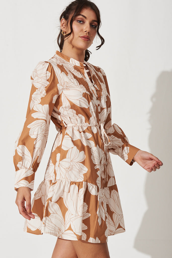 Gal Dress In Tan With White Floral Print Cotton - side
