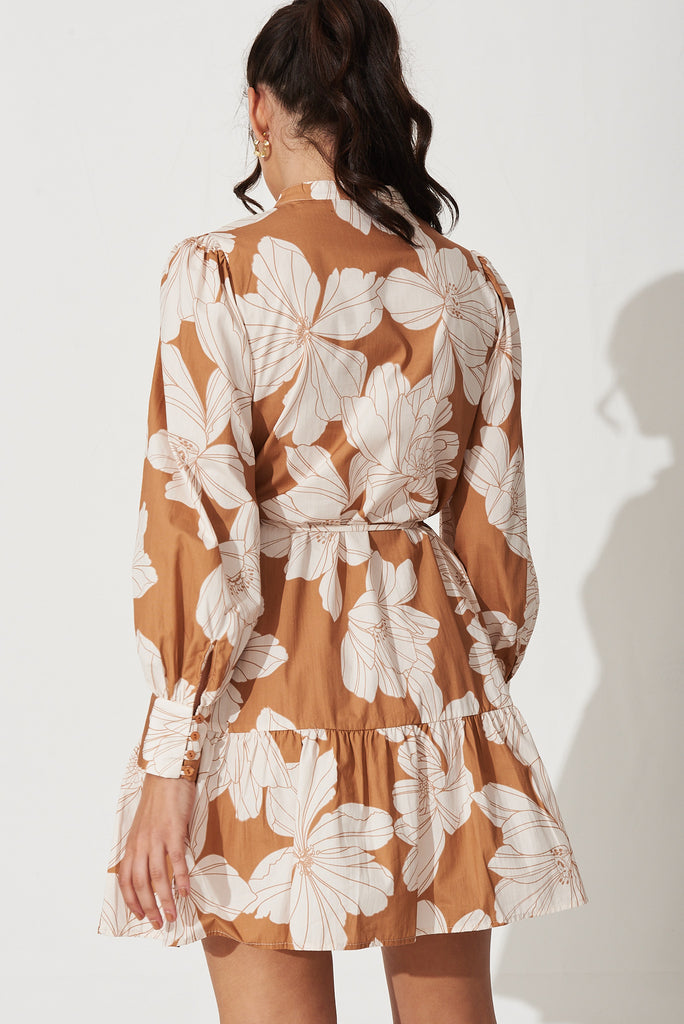 Gal Dress In Tan With White Floral Print Cotton - back