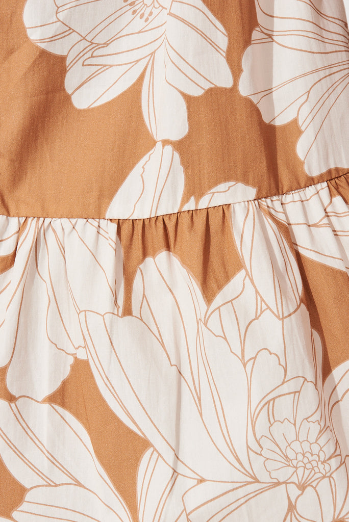 Gal Dress In Tan With White Floral Print Cotton - fabric
