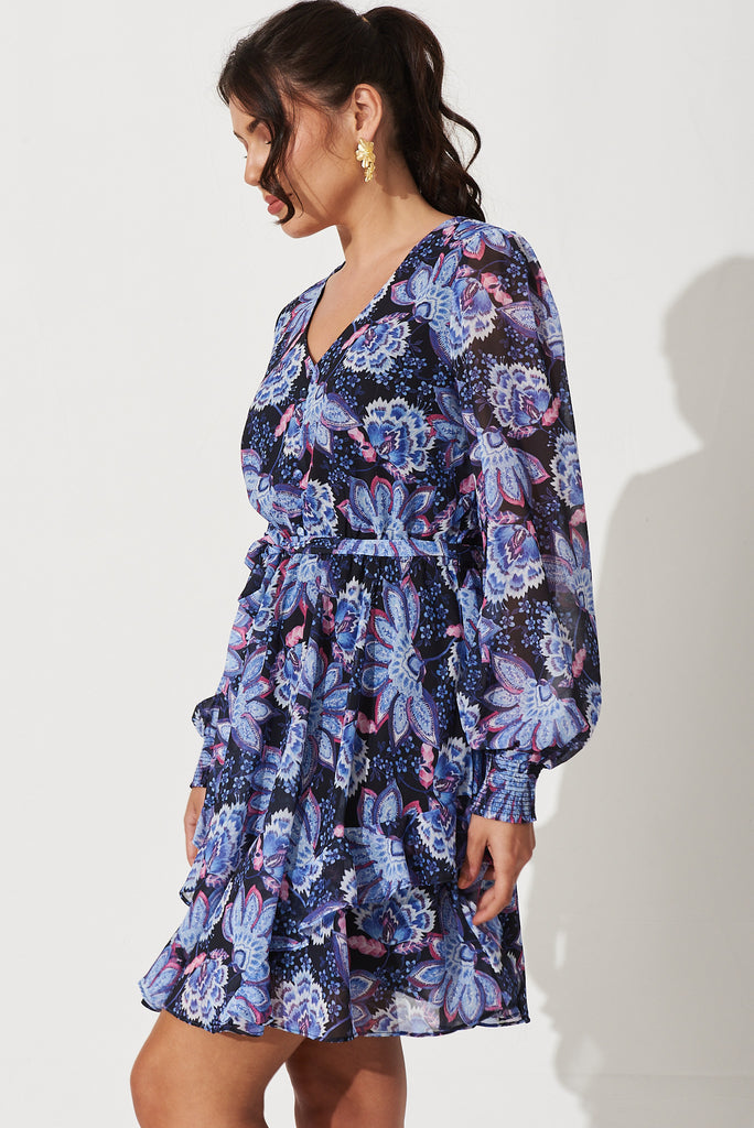 Shakira Dress In Blue With Multi Print - side