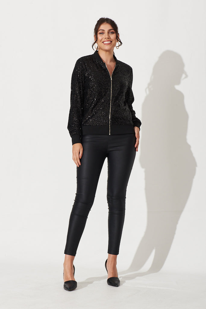 Athena Bomber Jacket In Black Sequin - full length