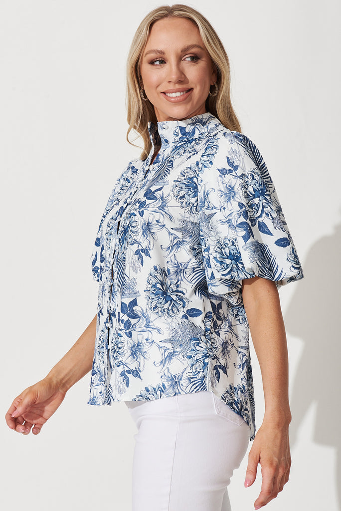 Prudence Shirt In White With Blue Print - side